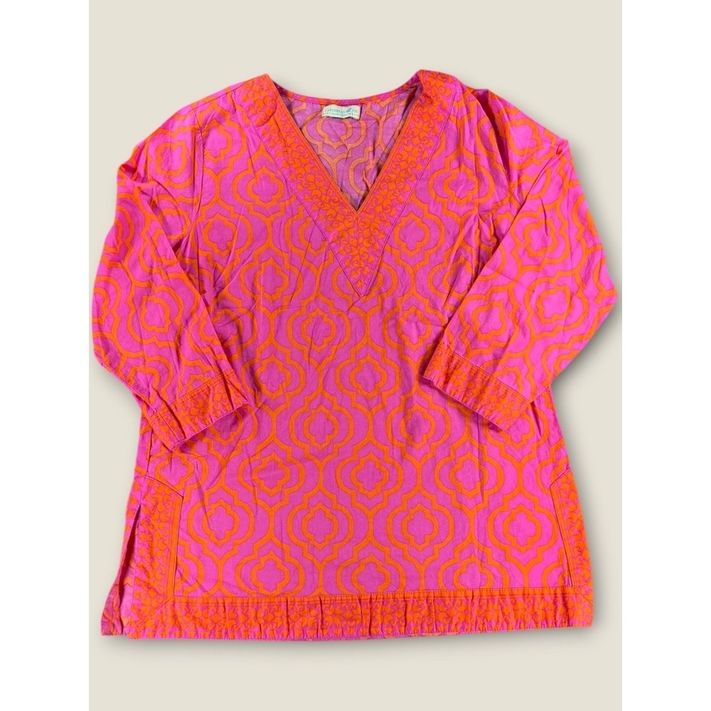 Caribbean Joe Womens Pink Orange Geometric V-Neck Embroidered Tunic Top